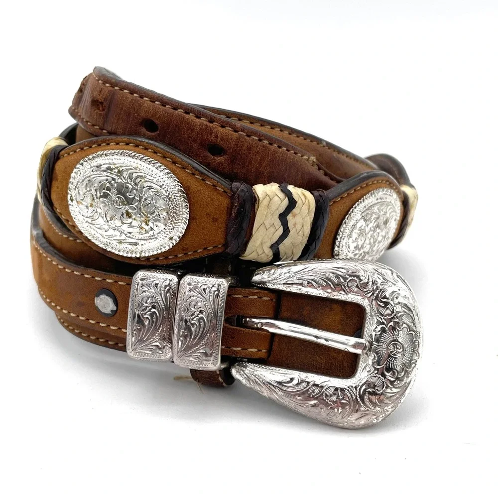 Vintage Belt Leather Women 36 Brown Good Western Concho Engraved Buckle 7929L